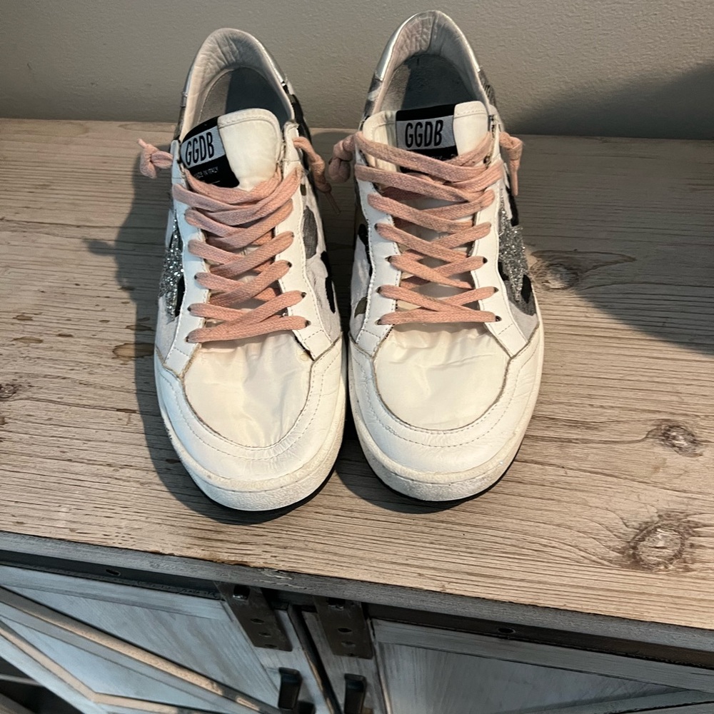 EUC Golden Goose Sneakers BALLSTAR, silver star camo print pink laces, size 41